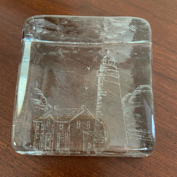 Recycled Glass Clear Wedge Paperweight Etched Lighthouse Blenko - Picture 2 of 9